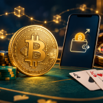 عملة بيتكوين ذهبية مع محفظة رقمية وطاولة كازينو